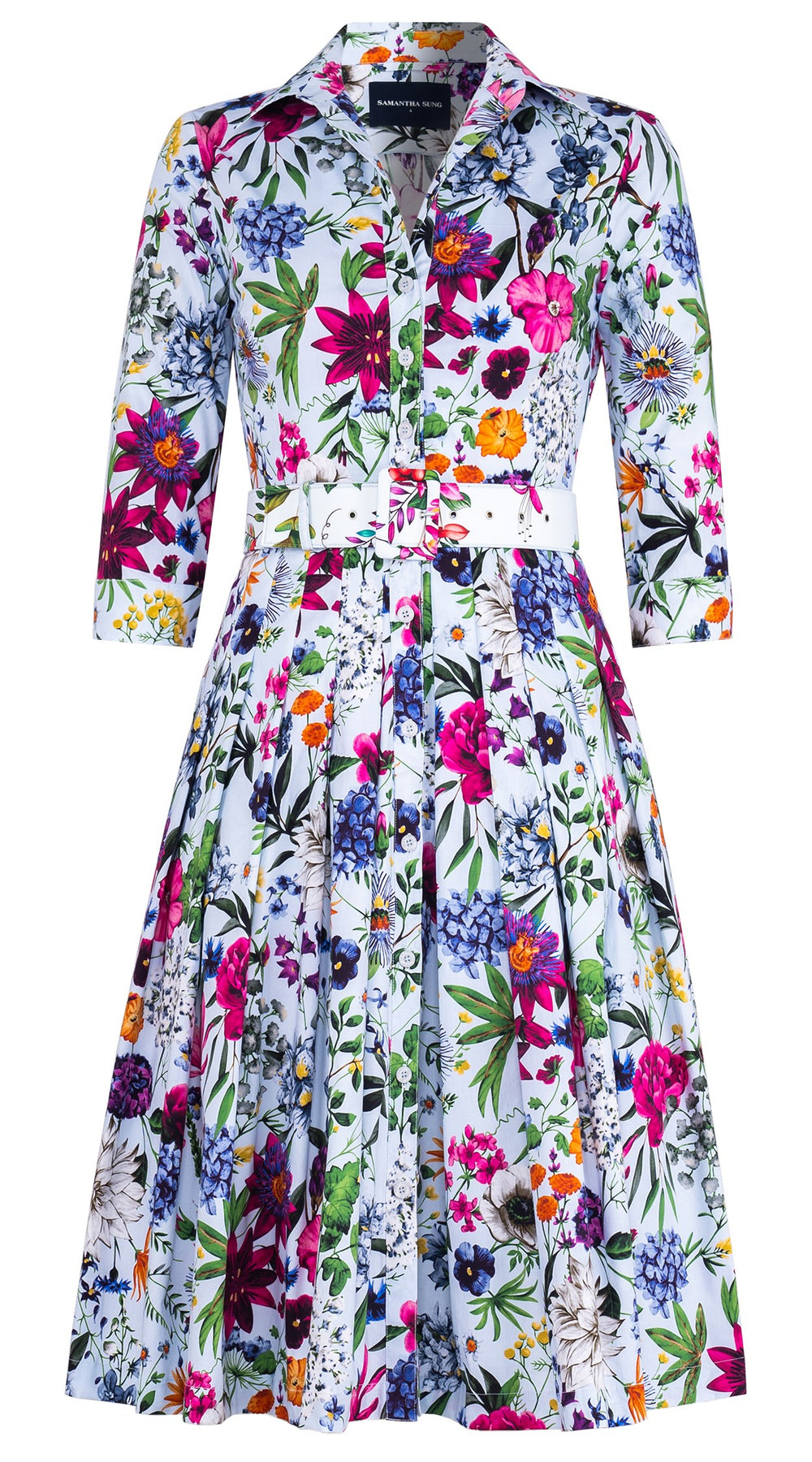 Audrey Dress #2 Shirt Collar 3/4 Sleeve Long Length Cotton Stretch (Multicolor Botanic Small)