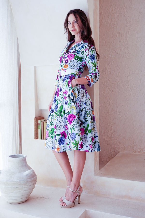 Audrey Dress #2 Shirt Collar 3/4 Sleeve Long Length Cotton Stretch (Multicolor Botanic Small)