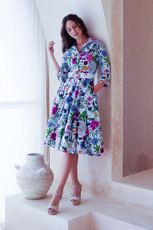 Audrey Dress #2 Shirt Collar 3/4 Sleeve Long Length Cotton Stretch (Multicolor Botanic Small)