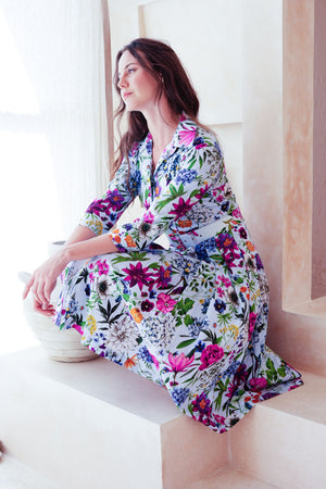 Audrey Dress #2 Shirt Collar 3/4 Sleeve Long Length Cotton Stretch (Multicolor Botanic Small)