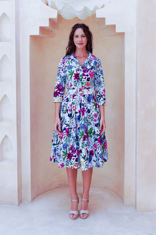 Audrey Dress #2 Shirt Collar 3/4 Sleeve Long Length Cotton Stretch (Multicolor Botanic Small)