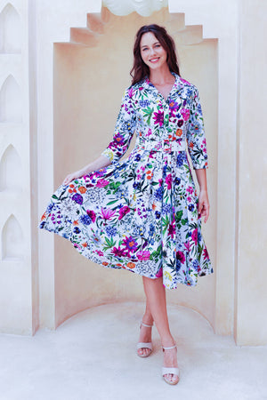 Audrey Dress #2 Shirt Collar 3/4 Sleeve Long Length Cotton Stretch (Multicolor Botanic Small)