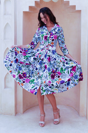 Audrey Dress #2 Shirt Collar 3/4 Sleeve Long Length Cotton Stretch (Multicolor Botanic Small)