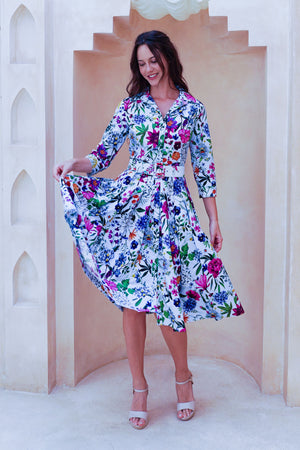 Audrey Dress #2 Shirt Collar 3/4 Sleeve Long Length Cotton Stretch (Multicolor Botanic Small)