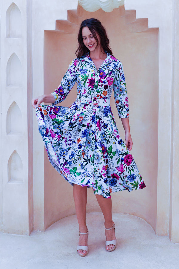 Audrey Dress #2 Shirt Collar 3/4 Sleeve Long Length Cotton Stretch (Multicolor Botanic Small)