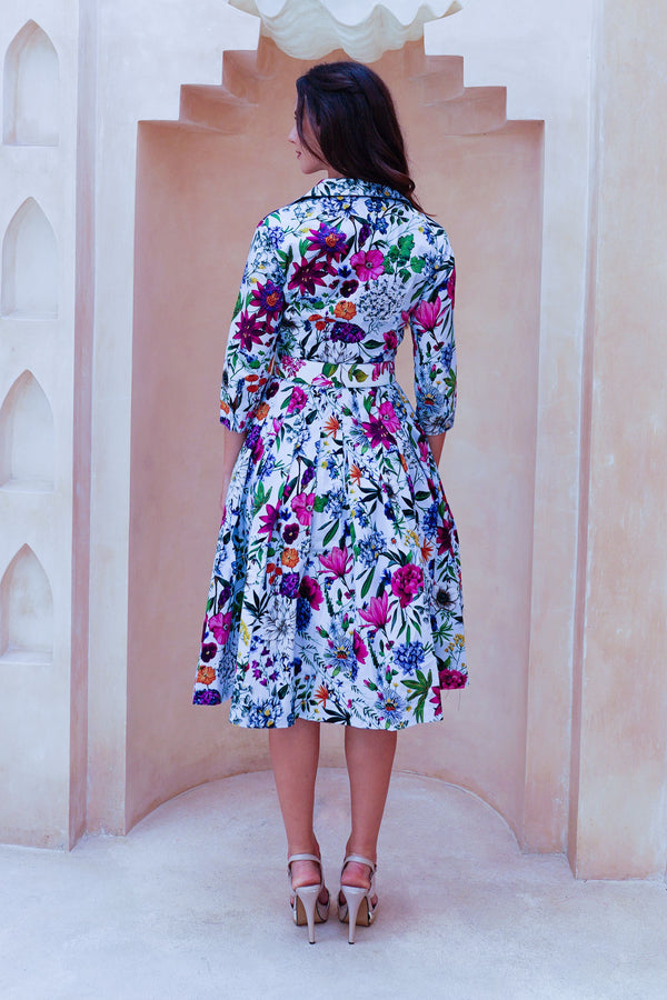 Audrey Dress #2 Shirt Collar 3/4 Sleeve Long Length Cotton Stretch (Multicolor Botanic Small)