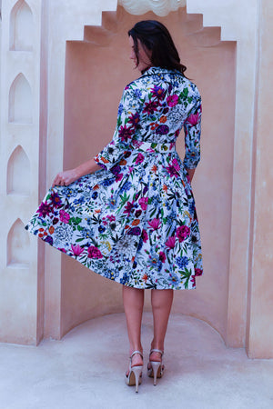 Audrey Dress #2 Shirt Collar 3/4 Sleeve Long Length Cotton Stretch (Multicolor Botanic Small)