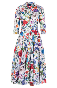 Aster Dress Shirt Collar 3/4 Sleeve Midi Length Cotton Musola (Multicolor Botanic)