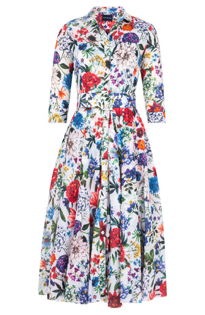 Aster Dress Shirt Collar 3/4 Sleeve Midi Length Cotton Musola (Multicolor Botanic)