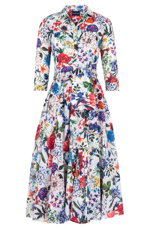 Aster Dress Shirt Collar 3/4 Sleeve Midi Length Cotton Musola (Multicolor Botanic)