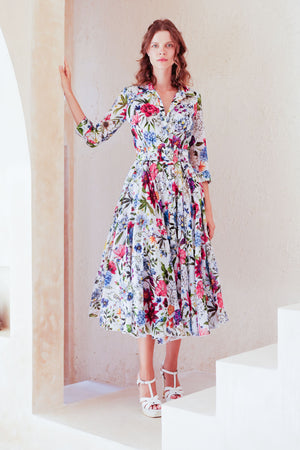 Aster Dress Shirt Collar 3/4 Sleeve Midi Length Cotton Musola (Multicolor Botanic Small)