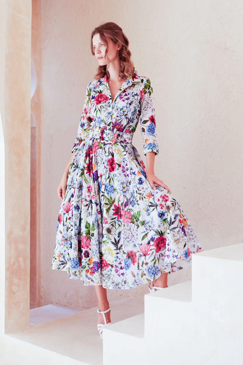 Aster Dress Shirt Collar 3/4 Sleeve Midi Length Cotton Musola (Multicolor Botanic Small)