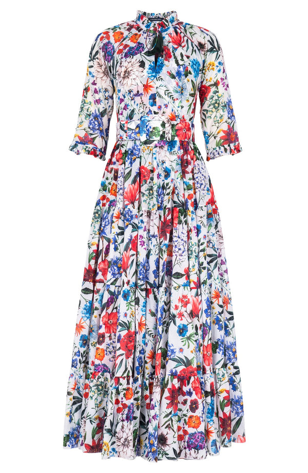Eva Dress Crew Neck 3/4 Sleeve Maxi Length Cotton Musola (Multicolor Botanic)