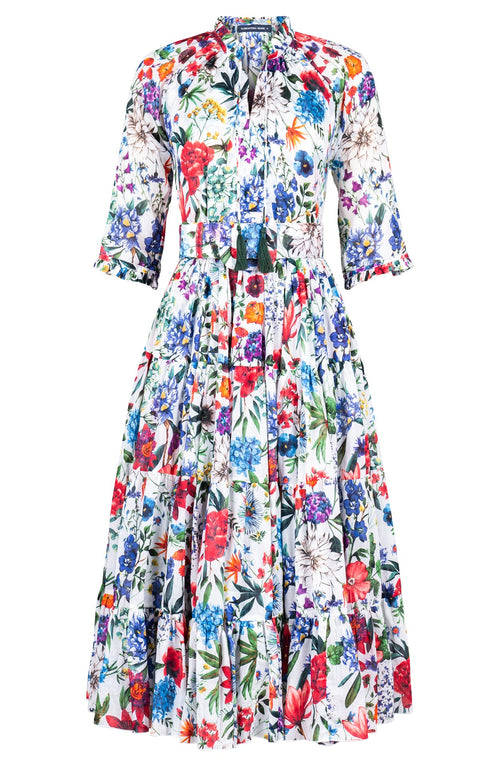 Eva Dress Crew Neck 3/4 Sleeve Midi Length Cotton Musola (Multicolor Botanic)