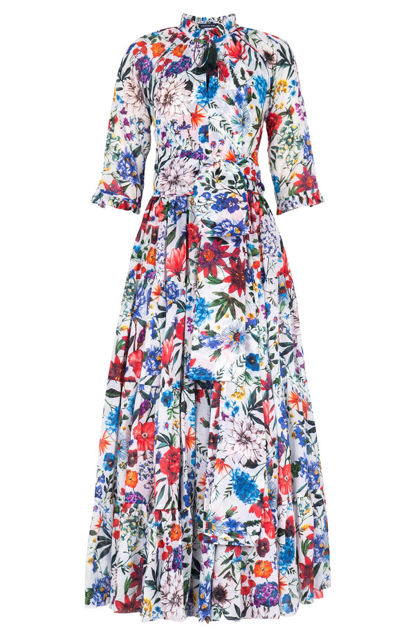 Eva Dress Crew Neck 3/4 Sleeve Maxi Length Cotton Musola (Multicolor Botanic)