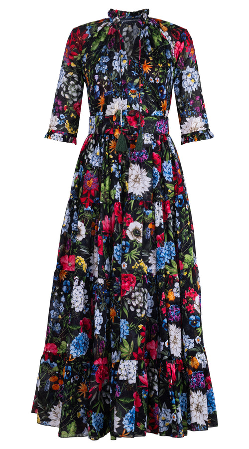 Eva Dress Crew Neck 3/4 Sleeve Maxi Length Cotton Musola (Multicolor Botanic Small)