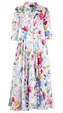 Aster Dress Shirt Collar 3/4 Sleeve Midi Plus Length Ramie (Multicolor Botanic Small)