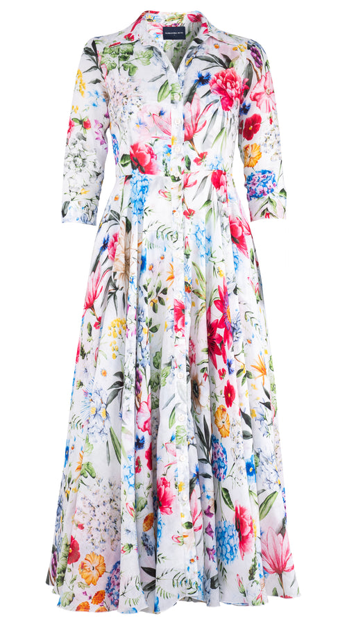 Aster Dress Shirt Collar 3/4 Sleeve Midi Plus Length Ramie (Multicolor Botanic Small)