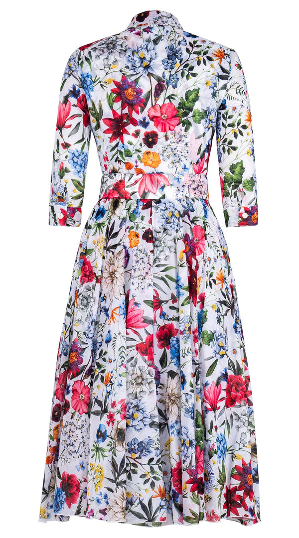 Aster Dress Shirt Collar 3/4 Sleeve Midi Length Cotton Musola (Multicolor Botanic Small)