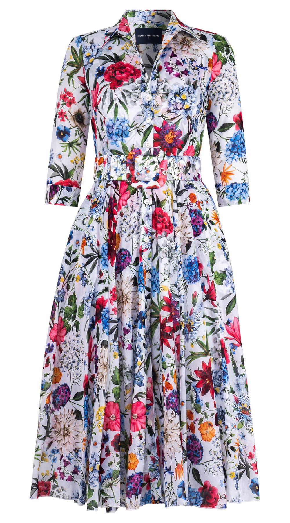 Aster Dress Shirt Collar 3/4 Sleeve Midi Length Cotton Musola (Multicolor Botanic Small)