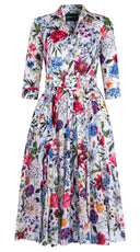 Aster Dress Shirt Collar 3/4 Sleeve Midi Length Cotton Musola (Multicolor Botanic Small)