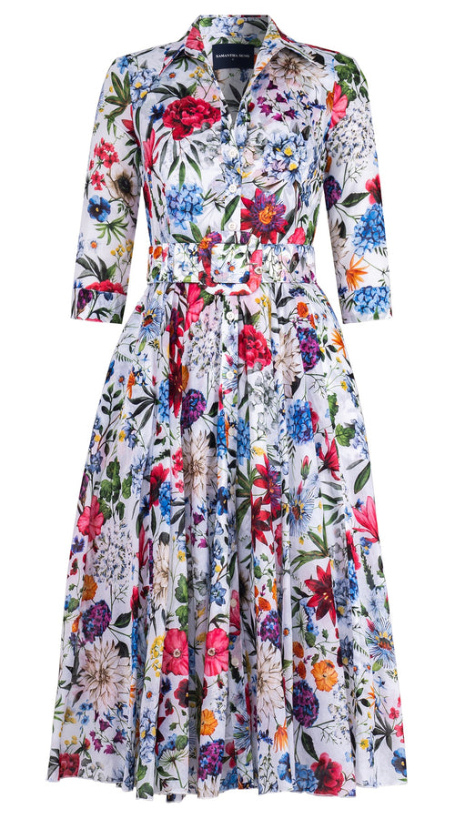 Aster Dress Shirt Collar 3/4 Sleeve Midi Length Cotton Musola (Multicolor Botanic Small)