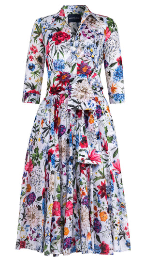 Aster Dress Shirt Collar 3/4 Sleeve Midi Length Cotton Musola (Multicolor Botanic Small)