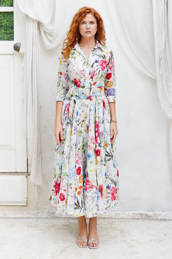 Aster Dress Shirt Collar 3/4 Sleeve Midi Plus Length Ramie (Multicolor Botanic Small)