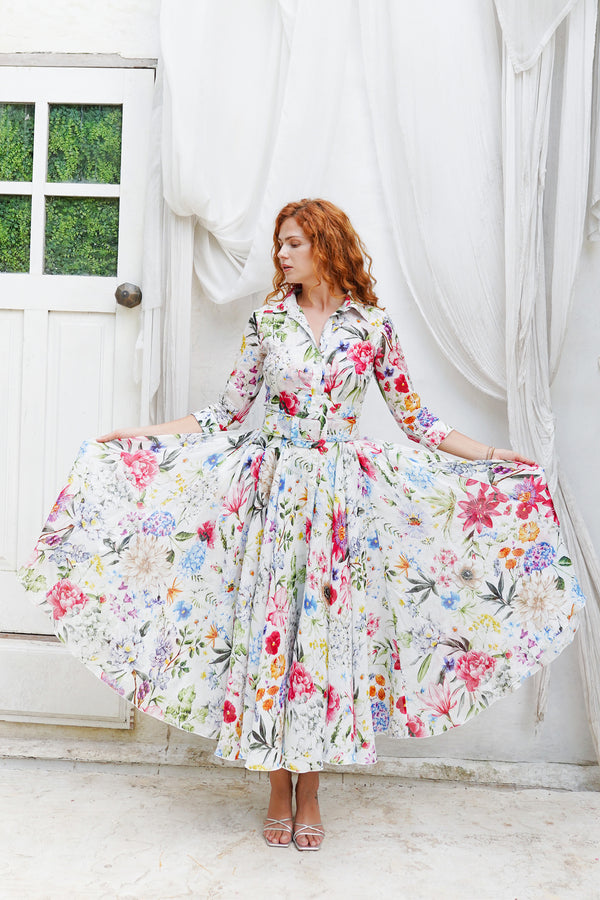 Aster Dress Shirt Collar 3/4 Sleeve Midi Plus Length Ramie (Multicolor Botanic Small)