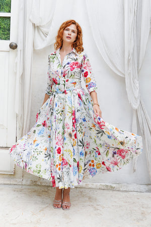 Aster Dress Shirt Collar 3/4 Sleeve Midi Plus Length Ramie (Multicolor Botanic Small)