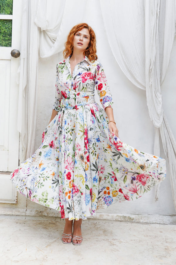 Aster Dress Shirt Collar 3/4 Sleeve Midi Plus Length Ramie (Multicolor Botanic Small)
