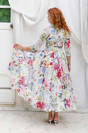 Aster Dress Shirt Collar 3/4 Sleeve Midi Plus Length Ramie (Multicolor Botanic Small)