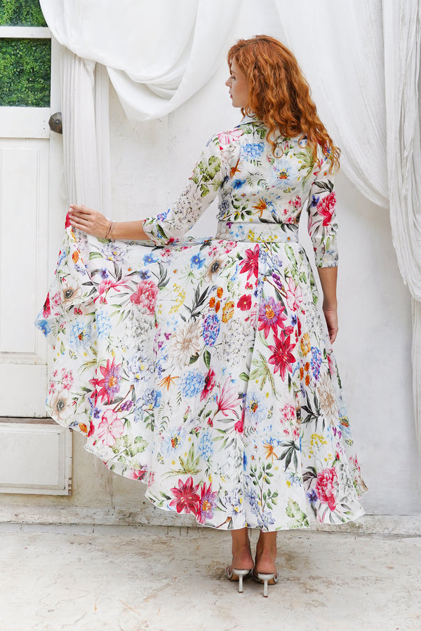 Aster Dress Shirt Collar 3/4 Sleeve Midi Plus Length Ramie (Multicolor Botanic Small)