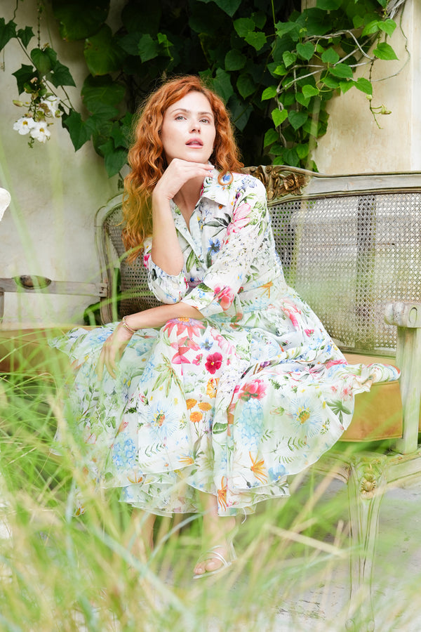 Aster Dress Shirt Collar 3/4 Sleeve Midi Plus Length Ramie (Multicolor Botanic Small)