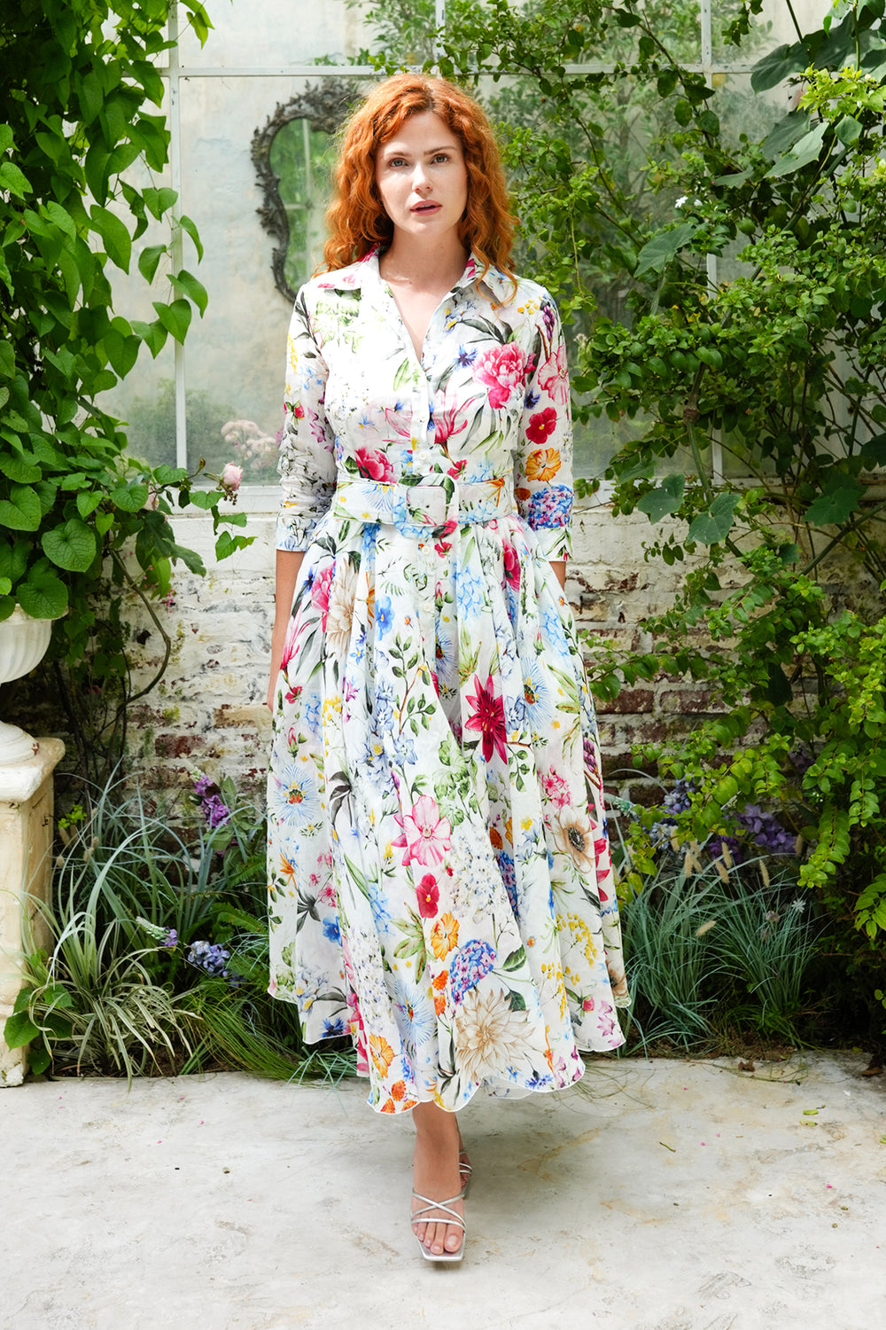 Aster Dress Shirt Collar 3/4 Sleeve Midi Plus Length Cotton Musola (Multicolor Botanic Small)