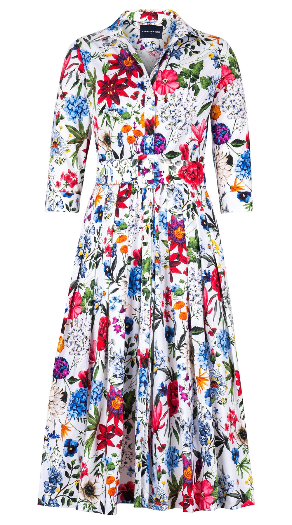 Audrey Dress #2 Shirt Collar 3/4 Sleeve Midi Length Cotton Stretch (Multicolor Botanic Small)