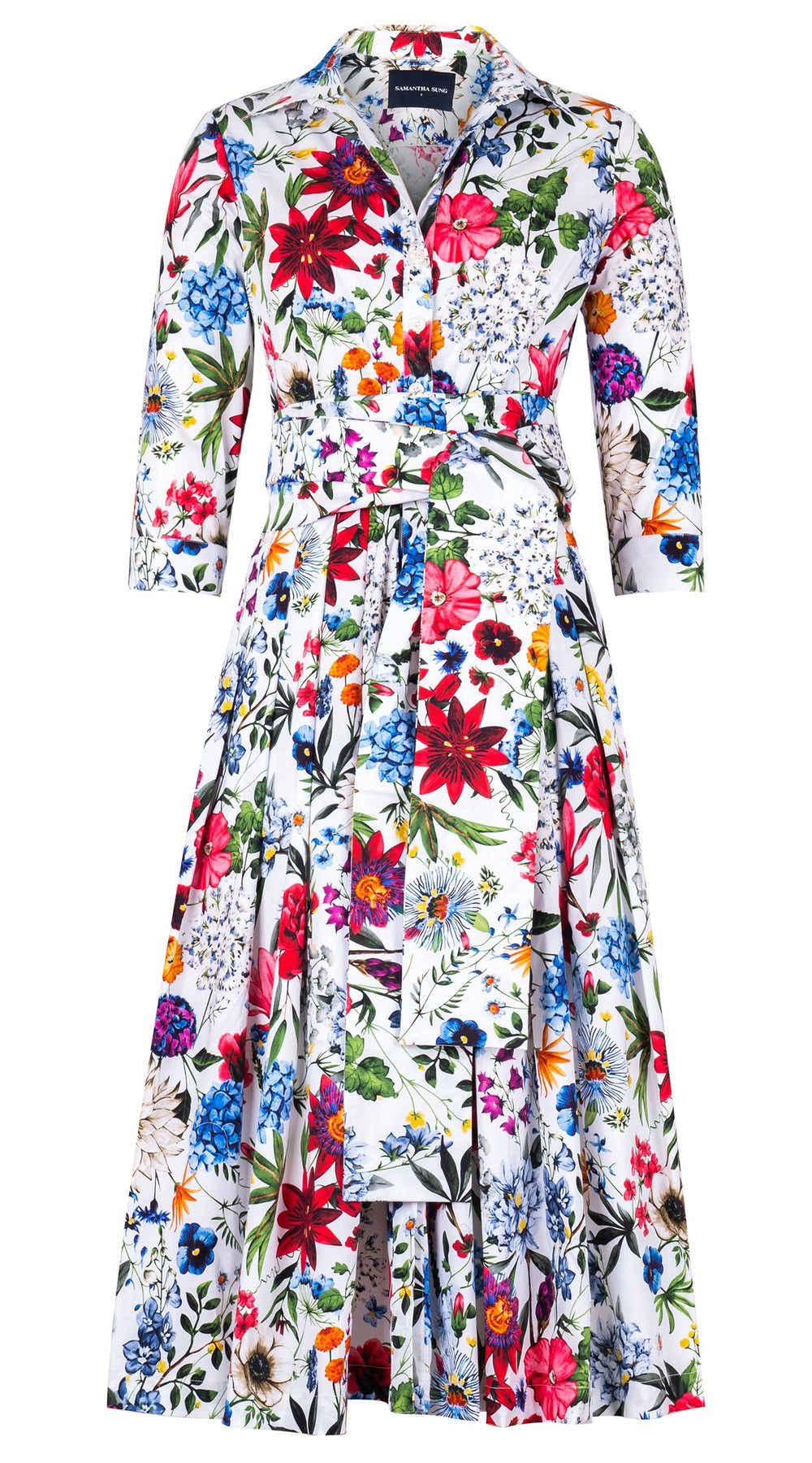 Audrey Dress #2 Shirt Collar 3/4 Sleeve Midi Length Cotton Stretch (Multicolor Botanic Small)