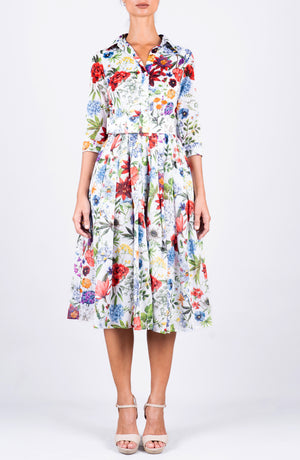 Audrey Dress #4 Shirt Collar 3/4 Sleeve Midi Length Cotton Musola (Multicolor Botanic)