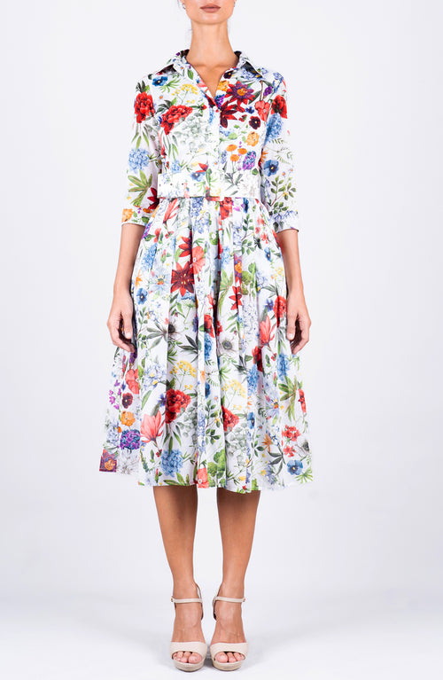 Audrey Dress #4 Shirt Collar 3/4 Sleeve Midi Length Cotton Musola (Multicolor Botanic)