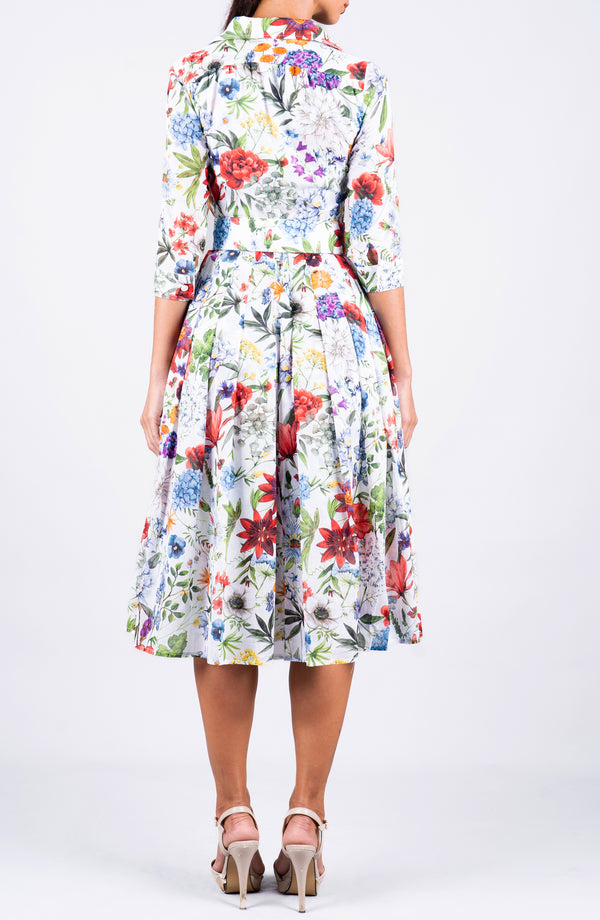 Audrey Dress #4 Shirt Collar 3/4 Sleeve Midi Length Cotton Musola (Multicolor Botanic)