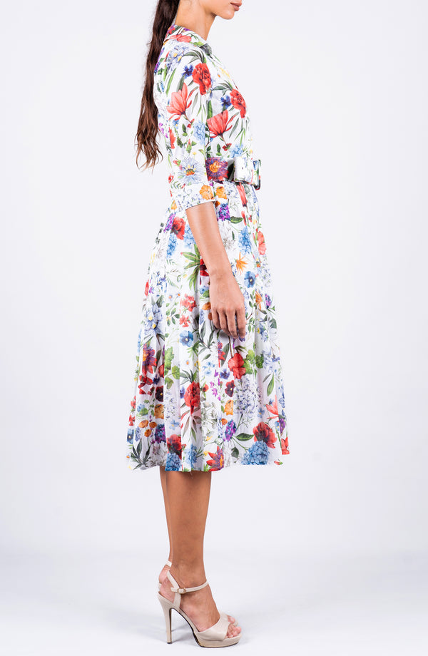 Audrey Dress #4 Shirt Collar 3/4 Sleeve Midi Length Cotton Musola (Multicolor Botanic)