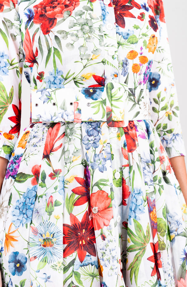 Audrey Dress #4 Shirt Collar 3/4 Sleeve Midi Length Cotton Musola (Multicolor Botanic)