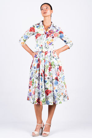 Audrey Dress #4 Shirt Collar 3/4 Sleeve Midi Length Cotton Musola (Multicolor Botanic)