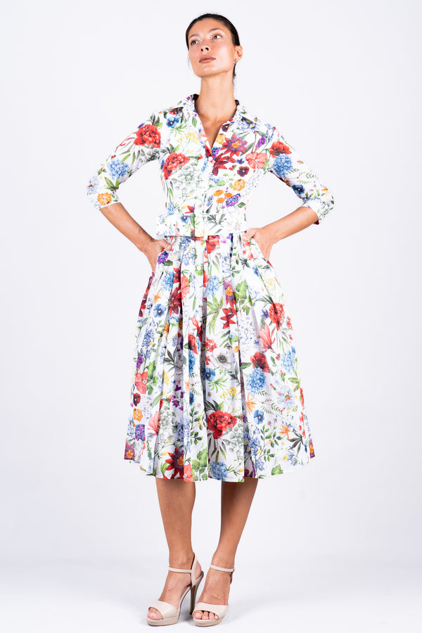 Audrey Dress #4 Shirt Collar 3/4 Sleeve Midi Length Cotton Musola (Multicolor Botanic)
