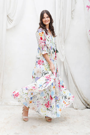 Eden Dress Crew Neck 3/4 Sleeve Maxi Length Cotton Musola (Multicolor Botanic Small)