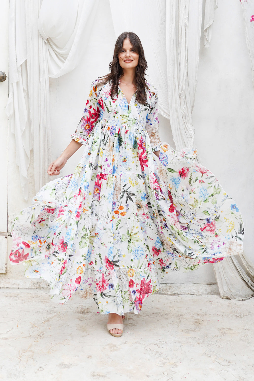 Eden Dress Crew Neck 3/4 Sleeve Maxi Length Cotton Musola (Multicolor Botanic Small)