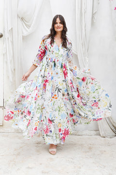 Eden Dress Crew Neck 3/4 Sleeve Maxi Length Cotton Musola (Multicolor Botanic)