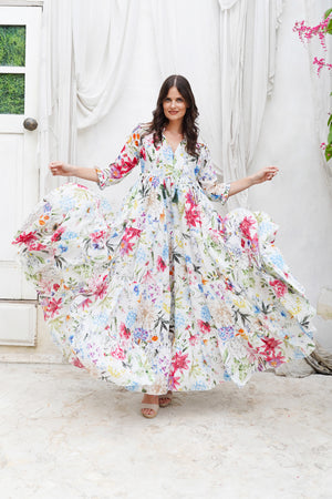 Eden Dress Crew Neck 3/4 Sleeve Maxi Length Cotton Musola (Multicolor Botanic Small)