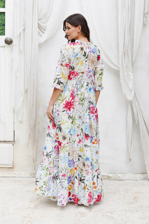 Eden Dress Crew Neck 3/4 Sleeve Maxi Length Cotton Musola (Multicolor Botanic Small)