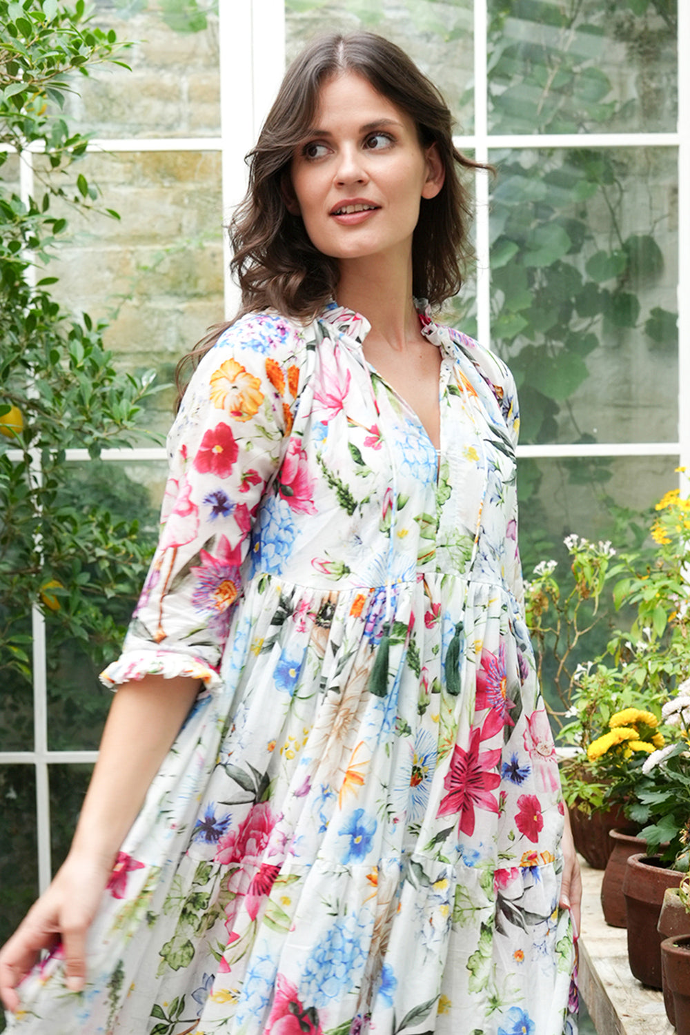 Eden Dress Crew Neck 3/4 Sleeve Maxi Length Cotton Musola (Multicolor Botanic Small)